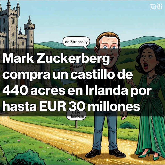An illustration of a cartoon man and woman in a landscape with a castle, featuring Spanish text stating 'Mark Zuckerberg compra un castillo de 440 acres en Irlanda por hasta EUR 30 millones' and a speech bubble with 'de Strancally.'