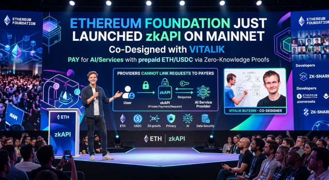 A promotional banner announcing that the 'ETHEREUM FOUNDATION JUST LAUNCHED zKAPI ON MAINNET', co-designed with Vitalik Buterin, displayed behind a presenter on stage.