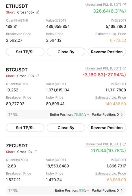 A trading interface showing three short positions: ETHUSDT with 326.64 (6.31%) unrealized P&L, BTCUSDT with -3,160.83 (-27.94%) unrealized P&L, and ZECUSDT with 201.34 (10.78%) unrealized P&L.