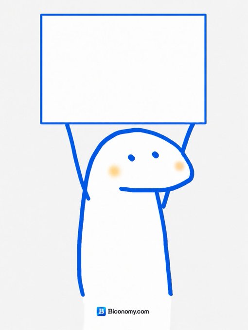 A simple blue-line cartoon character holding up a blank white sign, watermarked with 'B Biconomy.com'.