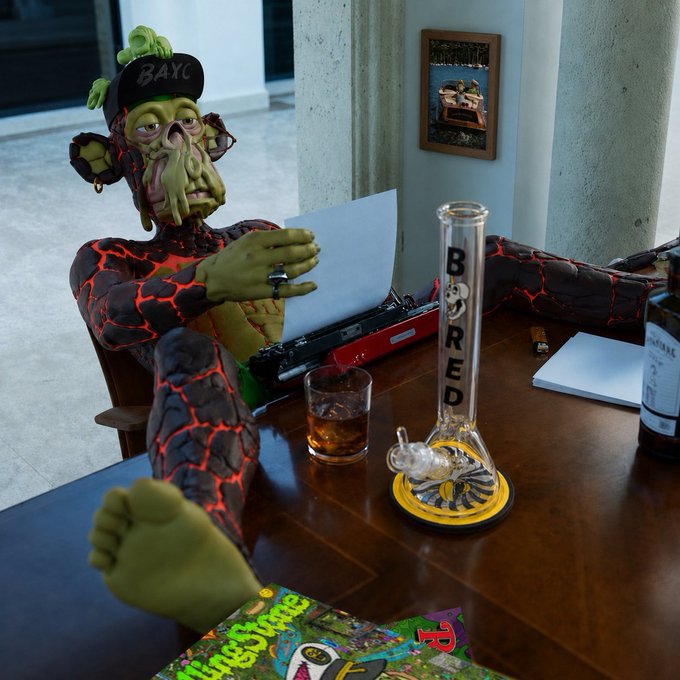 A green-skinned mutant character wearing a "BAYC" cap sits casually at a wooden table holding a piece of paper, surrounded by a glass of liquor, a "Bored" branded beaker water pipe, and a bottle, tying into the post's Bored Ape Yacht Club themed Monday programming featuring "Coffee w/ Captain NOW" and the Bored community events.