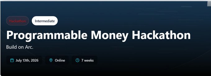 Banner for a 'Programmable Money Hackathon' (Intermediate level) starting July 13th, 2026, online, lasting 7 weeks, with the tagline 'Build on Arc.'