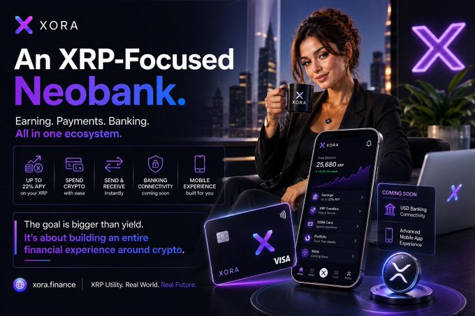 The promotional image showcases XORA, an XRP-focused neobank, featuring a woman holding an XORA-branded mug alongside a Visa card, smartphone app displaying a balance of 25,680 XRP with a green +5,078 growth indicator, and highlighted features like up to 22% APY, crypto spending, and a "Coming Soon" USD banking connectivity and mobile app experience, with the tagline "XRP Utility. Real World. Real Future."