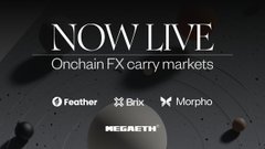 A promotional graphic announces "NOW LIVE: Onchain FX carry markets" on the MegaETH platform, featuring logos for Feather, Brix, and Morpho. The image highlights the launch of the wiTRY/USDm lending market for the Turkish Lira carry trade, along with the EM USDm vault curated by Feather.