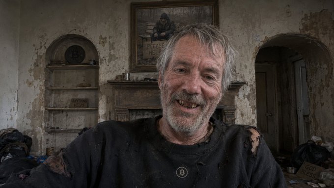 A smiling older man with gray hair and a beard sits in a dilapidated room with peeling walls, wearing a tattered black shirt with a 'B' emblem.