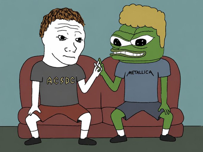 A sad Wojak in an AC/DC shirt looks dejectedly at a smug Pepe wearing a Metallica shirt, both sitting on a couch in the iconic "Metallica vs AC/DC" meme depicting a music taste argument. The post references "cornholio kek" and @pepecoineth, tying into Pepecoin's meme culture and the classic Wojak/Pepe rivalry format.