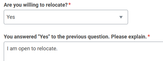 A form screenshot showing responses of "Yes" to relocating and "I am open to relocate" as an explanation. The image appears to be a stock job application or relocation questionnaire that has been repurposed, likely as a humorous visual metaphor for job seekers or investors being "willing to relocate" — but its pairing with the low-cap crypto promotional post creates an odd mismatch, suggesting either a meme format or a misaligned post.