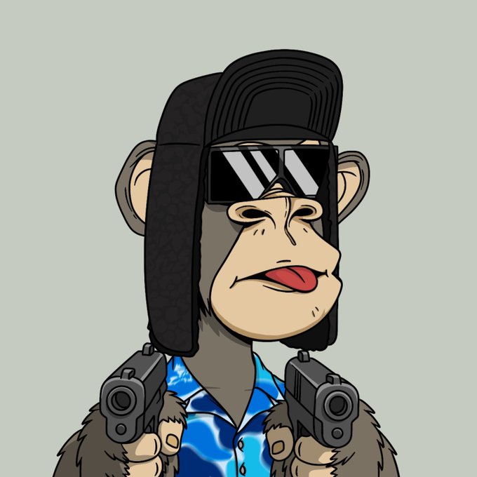 A digital illustration of a Bored Ape-style monkey NFT wearing a black ushanka hat with sunglasses and a blue patterned shirt, holding two pistols.