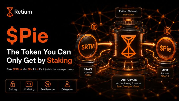 A promotional graphic for Retium's $Pie token, describing it as 'The Token You Can Only Get by Staking,' with a workflow showing $RTM → Stake → Mint $Pie 1:1, highlighting features like Staking, 1:1 Minting, Fee Revenue, and Delegation.