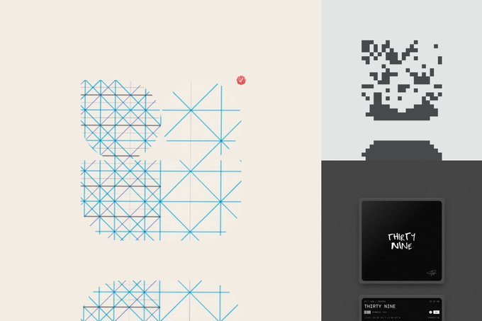 A digital design layout featuring blue geometric line patterns and starburst shapes, alongside a pixel-art graphic of a moon and the text 'THIRTY NINE'.