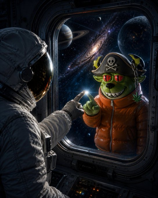 An astronaut inside a spaceship window shares a friendly fist bump with a green-skinned, red-eyed pirate creature wearing a skull-and-crossbones hat and an orange puffer jacket, set against a vibrant cosmic backdrop featuring planets, a galaxy, and distant lights. The playful, otherworldly scene fits the late-night "Good Night Web3" vibe, evoking the adventurous, community-driven spirit of crypto culture with a nod to the bullish-bearish mascot theme.