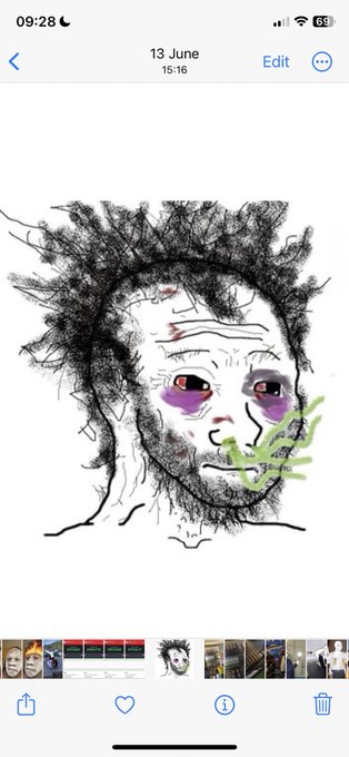 A rough digital sketch depicts a distressed Wojak meme character with wild, scribbled hair, purple bruising under the eyes, and a green object held to its mouth, resembling a heavily deteriorated or "cursed" version of the classic figure. The drawing visually supports the post's "DAY 31 OF COSPLAYING $WOJAK TILL 1B MARKET CAP" theme by personifying the meme token as a worn-out, battle-scarred Wojak, humorously reflecting the wear of a month-long devotion to the $WOJAK project.