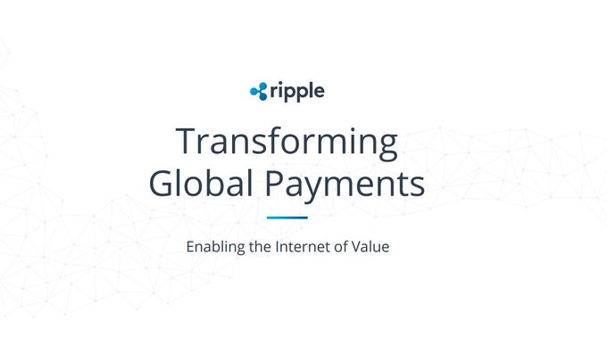 Ripple corporate slide with a blue logo and tagline 'Transforming Global Payments: Enabling the Internet of Value' on a white background with a geometric network pattern.