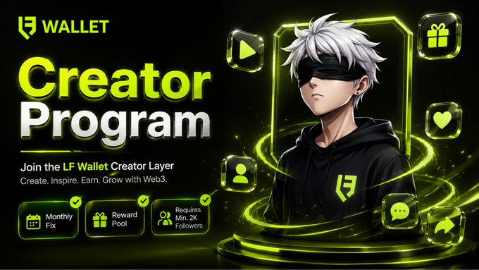 A promotional graphic for the 'LF Wallet Creator Program' featuring an anime-style male character with white hair and a black blindfold, with text reading 'Join the LF Wallet Creator Layer, Create. Inspire. Earn. Grow with Web3.'
