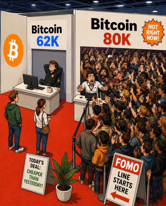 A satirical illustration of a Bitcoin trade show booth contrasting 'Bitcoin 62K' (boring, one customer) with 'Bitcoin 80K HOT RIGHT NOW!' (huge excited crowd), with signs reading 'TODAY'S DEAL: CHEAPER THAN YESTERDAY!' and 'FOMO LINE STARTS HERE'.