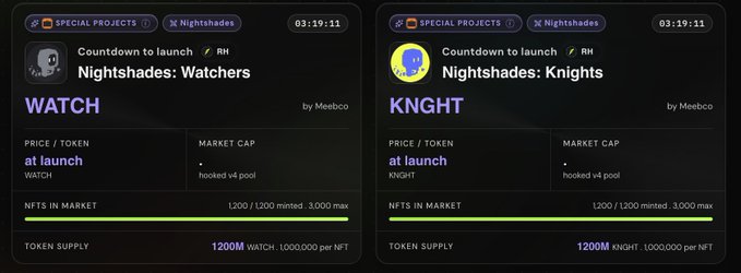 Two countdown screens for NFT collections "Nightshades: Watchers" (WATCH) and "Nightshades: Knights" (KNIGHT) by Meebco, both showing 1,200 NFTs in market with 1,200 minted out of 3,000 max, and token supplies of 1200M.