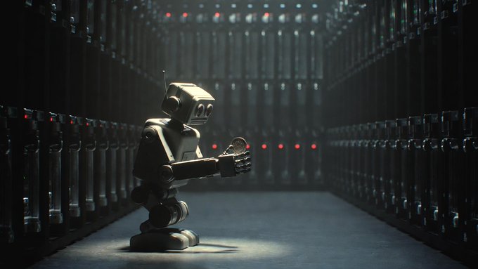 A small humanoid robot stands in a dark corridor lined with server racks, holding a glowing red hard drive in its hands.