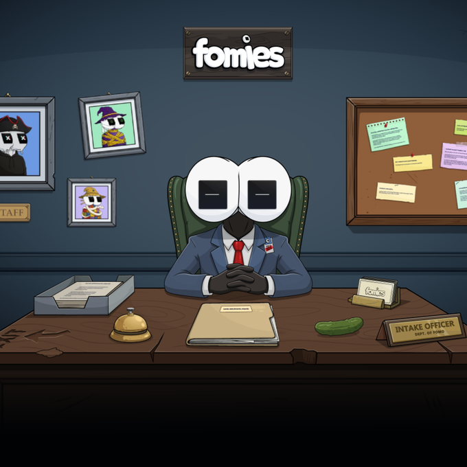 A cartoon character with large rectangular eyes dressed in a blue suit and red tie sits at a desk labeled 'INTAKE OFFICER' under a sign reading 'fomies'.