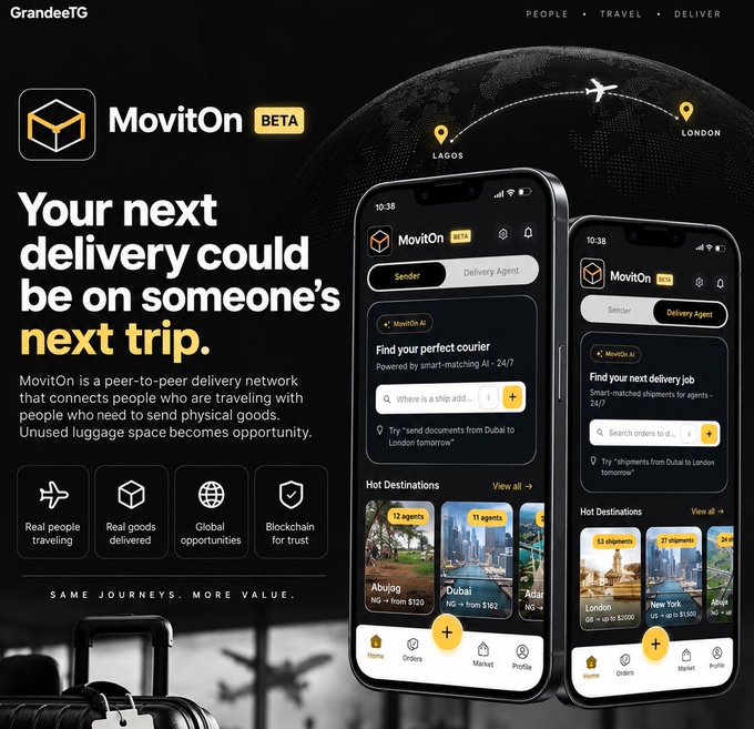 A promotional image for an app or service called "MovitOn BETA" by GrandeeTG, describing it as a peer-to-peer delivery network connecting travelers, shown with mobile app interfaces for Lagos to London.