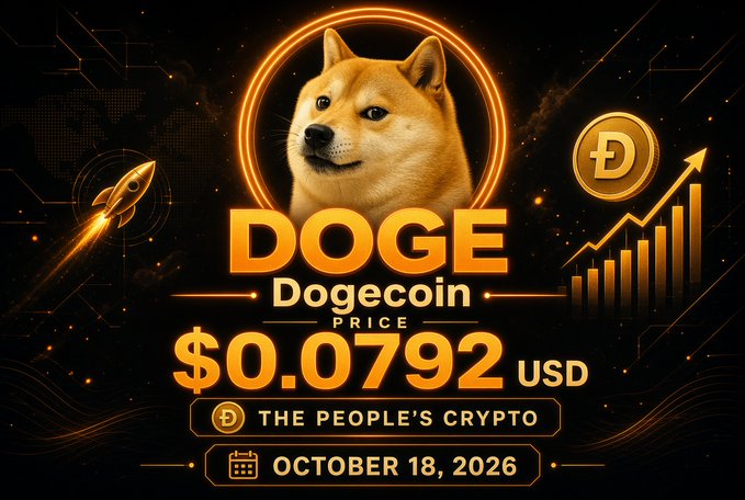 A promotional graphic for Dogecoin showing the Shiba Inu dog logo with a price of $0.0792 USD, labeled "THE PEOPLE'S CRYPTO" and dated October 18, 2026.