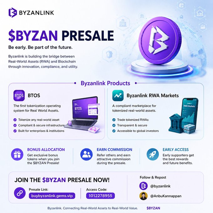 This image is a promotional graphic for the **$BYZAN Presale** by Byzanlink, highlighting their tokenization ecosystem with two main products: **BTOS** (the first tokenization operating system for Real-World Assets) and **Byzanlink RWA Markets** (a compliant marketplace for tokenized RWAs). The poster also advertises bonus token allocations, an affiliate commission program, and early access perks, providing a presale link (buybyzanlink.gems.vip) and access code (1012278955) to join before public launch.

**Relation to the post:** The post emphasizes Byzanlink's consistency and how partnerships and product launches build on one another — which aligns with the image's focus on the Byzanlink Products section, showcasing how BTOS and RWA Markets form a connected, compliant ecosystem bridging real-world assets and blockchain.