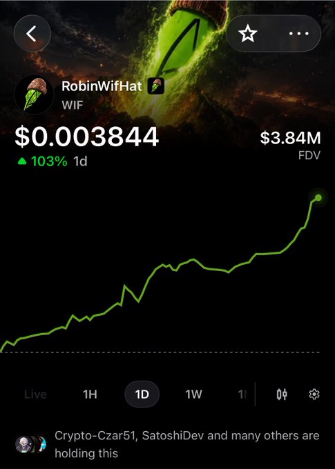 A screenshot of the RobinWifHat (WIF) token price chart shows a current price of $0.003844 with a 103% gain over 1 day and an FDV of $3.84M, reflecting the new all-time high celebrated in the post. The green upward-trending chart visually confirms the dramatic price surge, matching the excitement over reaching the $3.8M milestone.