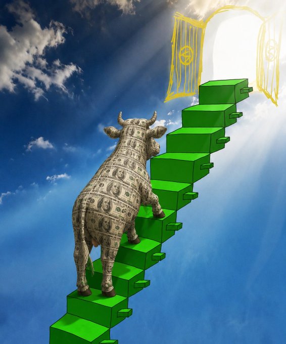 A surreal digital artwork featuring a giraffe covered in dollar bill patterns climbing green block stairs toward a glowing golden gate in the clouds.