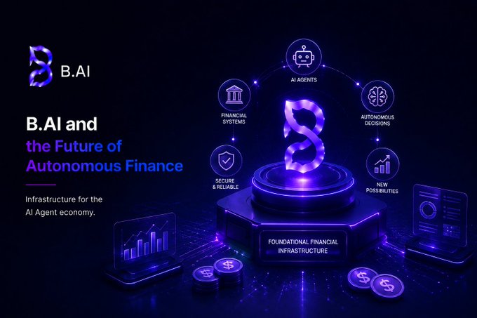 A promotional graphic for "B.AI and the Future of Autonomous Finance" featuring a purple glowing logo and icons for AI Agents, Financial Systems, Secure & Reliable, Autonomous Decisions, and New Possibilities.