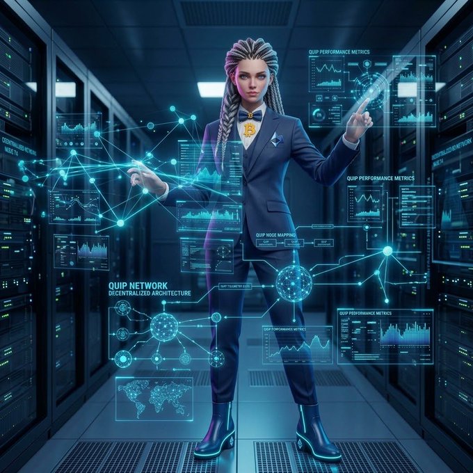 A digital illustration of a woman in a suit with braided hair standing in a server room, surrounded by holographic displays showing 'QUIP PERFORMANCE METRICS', 'QUIP NETWORK DECENTRALIZED ARCHITECTURE', and 'QUIP NODE MAPPING'.