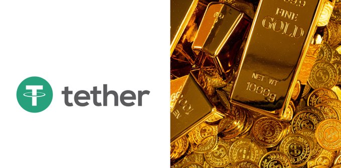 The Tether logo displayed next to an image of stacked gold bars and gold coins.