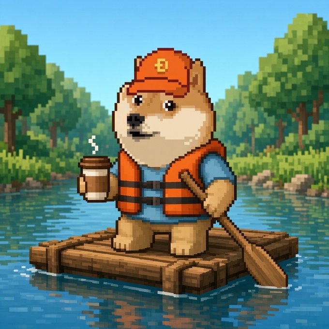A pixel art illustration of a Shiba Inu dog wearing an orange cap and life vest, holding a coffee cup while paddling a wooden raft down a river.
