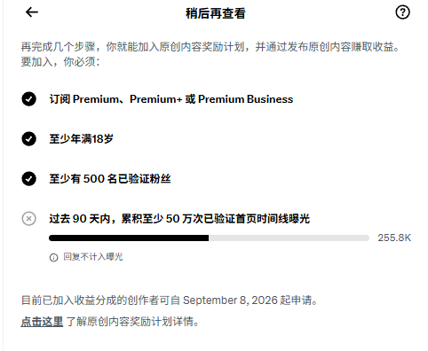 A screenshot displays requirements for joining a creator rewards program, with checkmarks indicating completed criteria (Premium subscription, age 18+, 500 verified followers) and an incomplete requirement for 500,000 verified front-page views in the past 90 days, currently showing 255.8K.