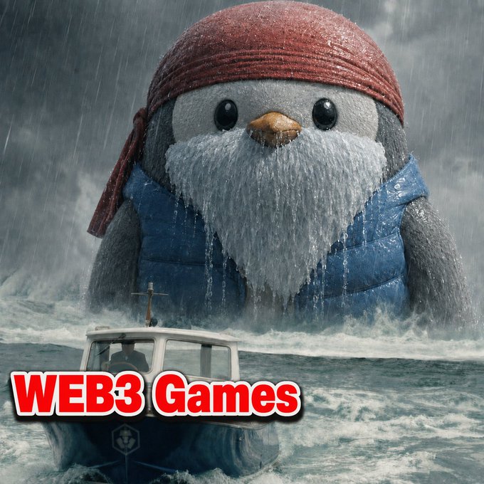 A giant penguin wearing a red bandana and blue puffer vest emerges from stormy seas, dwarfing a small boat. Text reads 'WEB3 Games.'