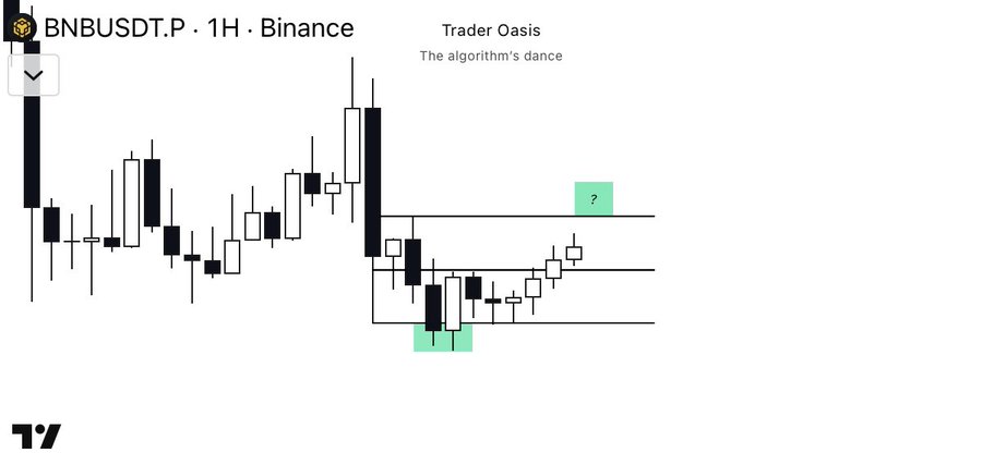A candlestick chart of BNBUSDT.P on the 1H timeframe from Binance displays a consolidation range with a marked "?" zone near the upper boundary, illustrating the trader "Trader Oasis" zooming into a smaller timeframe to analyze a low-risk liquidity scenario following the price's move to the range low.