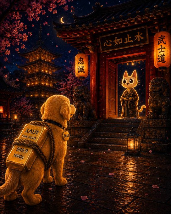 An artistic image featuring a golden retriever with a 'XAUT FINE GOLD 999.9 1000g' bar on its back standing before a Japanese temple, facing a cat samurai in robes, with a pagoda and lanterns in the background.