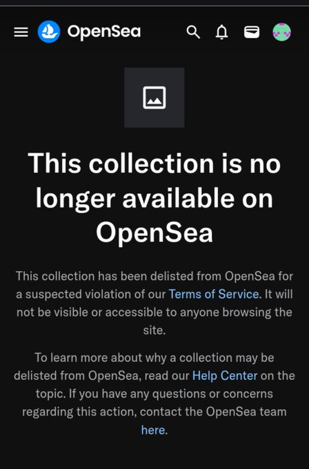 An OpenSea mobile page indicating a collection has been delisted for a suspected Terms of Service violation and is no longer visible or accessible on the platform.