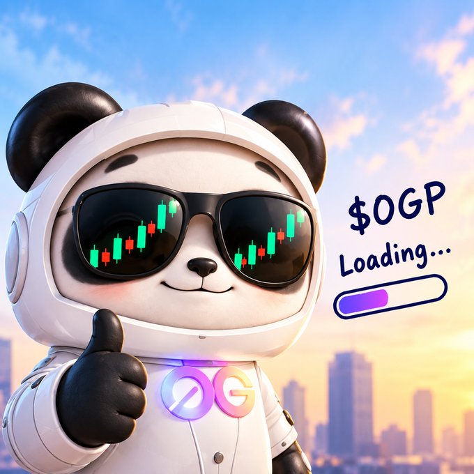 A 3D-rendered panda character in a white astronaut suit wears sunglasses reflecting a stock chart, giving a thumbs up next to the text '$OGP Loading...' with a progress bar, set against a city skyline at sunset.