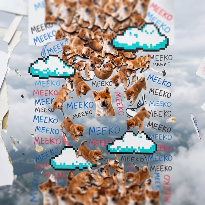 A chaotic collage of Shiba Inu dog images with the word "MEEKO" repeated throughout, alongside pixelated cloud graphics, all set against a cloudy sky background to promote the $MEEKO token as part of "dog szn."