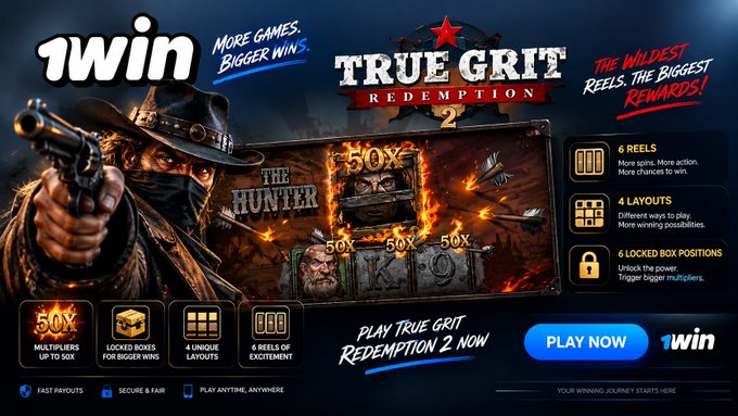 An advertisement for 1win’s “True Grit Redemption 2” game features a cowboy, “50X” multipliers, up to 6 reels and 4 layouts, plus a blue “PLAY NOW” button.