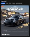 The image is a promotional graphic from 1win featuring a sleek black Porsche 911 on a scenic mountain road, with text promoting a chance to "WIN A PORSCHE 911 GT3 RS" through their platform. It visually supports the post's offer to win the luxury sports car with a $10 deposit, showing the actual prize as a black Porsche against an aspirational driving backdrop.