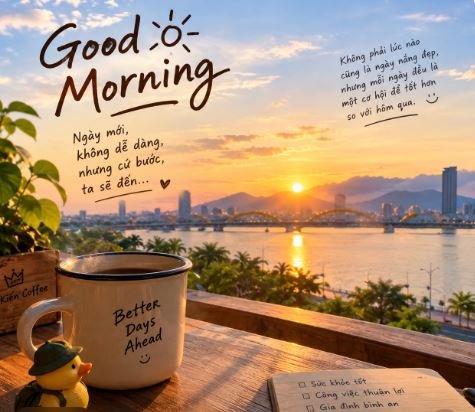 A scenic sunrise over a river and city skyline with a coffee mug in the foreground reading 'Better Days Ahead' and 'Good Morning' text with Vietnamese motivational message.