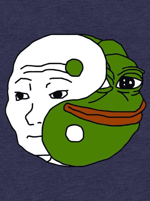 An illustration on a dark blue background featuring a 'Wojak' style white face overlapping with a green Pepe the Frog character.