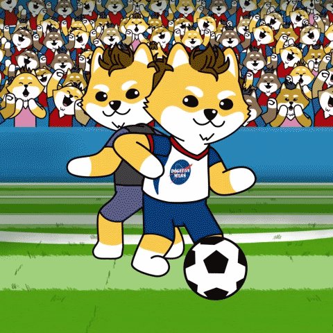 ursa shiba Inu dog mascot, dressed as a soccer player, kicks a black and white soccer ball on a green field with a crowd of Shiba Inus in the background.