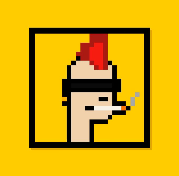 Pixel art illustration of a side-profile face with a red mohawk, sunglasses, and a cigarette, framed in black on a yellow background, representing the ZEC Punks NFT giveaway promo.