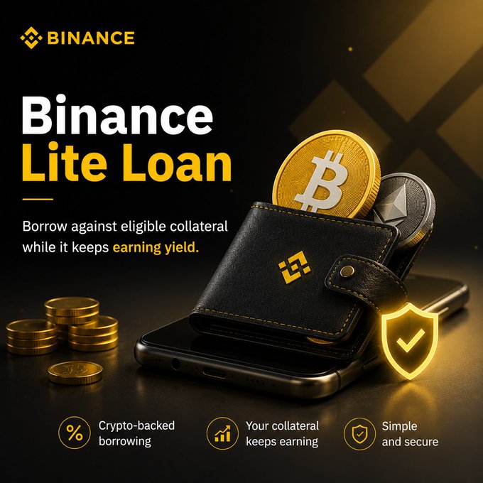 The image is a promotional graphic for "Binance Lite Loan" featuring a black wallet with Bitcoin and Ethereum coins resting on a smartphone, with stacked gold coins and a shield icon visible. Key text includes "BINANCE," "Lite Loan," and the tagline "Borrow against eligible collateral while it keeps earning yield," highlighting three features: "Crypto-backed borrowing," "Your collateral keeps earning," and "Simple and secure." The visual reinforces the post's message by depicting crypto assets being used as collateral for a loan while still positioned to potentially generate returns.