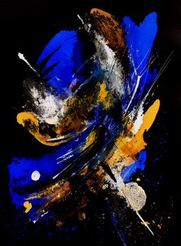 An abstract expressionist painting featuring bold splashes of blue, white, black, yellow, and orange paint against a dark background, with dynamic, sweeping brushstrokes creating a sense of motion.