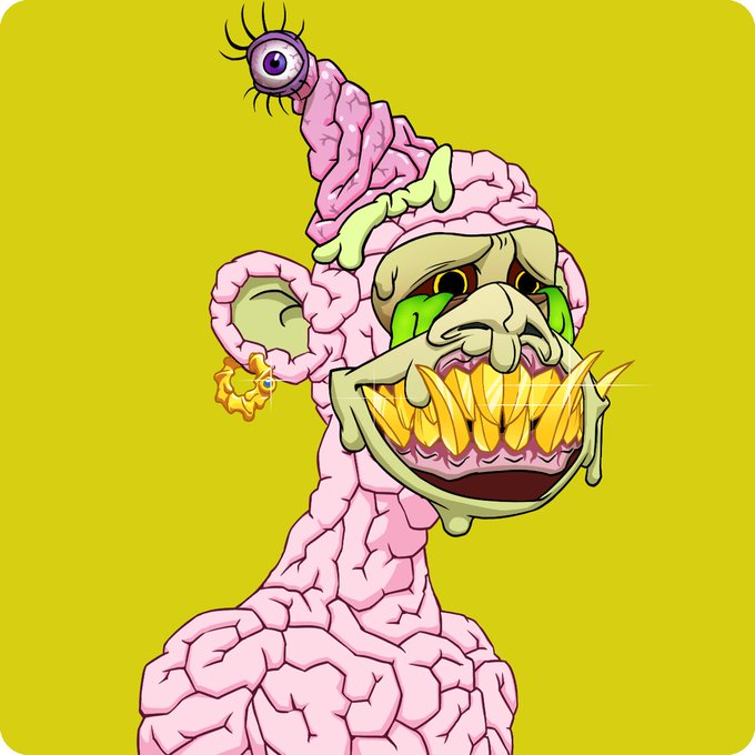 A grotesque cartoon illustration of a creature with an exposed pink brain, green facial features, a wide grin with sharp golden teeth, and an eyeball perched on top, set against a solid yellow background.
