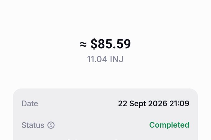 A digital screenshot displays a financial transaction record. The prominent text shows '≈ $85.59', followed by '11.04 INJ', with the date '22 Sept 2026 21:09' and a status labeled 'Completed' in green.