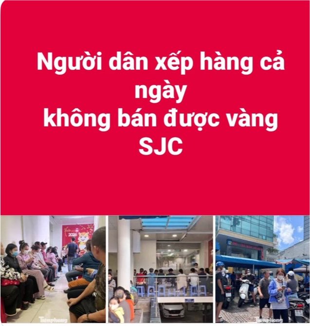 A red-background graphic with white Vietnamese text 'Người dân xếp hàng cả ngày không bán được vàng SJC' above three photos showing people queuing outside shops.