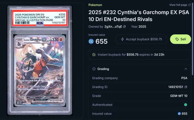 The image shows a PSA 10 graded Pokémon card listing for "2025 #232 Cynthia's Garchomp ex Special Illustration Rare" with an insured value of 655 (offering a $556.75 instant buyback), which is the card the user pulled from Jupiter's gacha on Collector Crypt. The screenshot from the platform displays the detailed grading information including PSA grading ID 149210151, confirming this as the "baddie" pulled from their $50 gacha attempt.